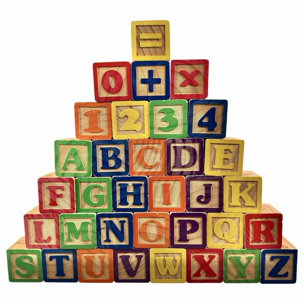 Wooden Alphabet Building Blocks 36 pc A-Z Letters 0-9 Numbers Math Pictures Toy